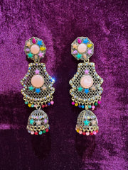 Colorful Stone Jhumka Earrings in Silver-Tone Finish
