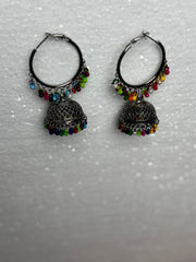 Colorful Traditional Jhumka Earrings – Oxidized Silver with Beadwork