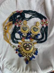 Gold Plated Necklace with Ruby, Sapphire, Moonstone & Enamel Work