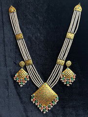 Gold Plated Long Necklace with Pearl Strings & Filigree Pendant