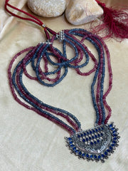 Crystal Beaded Necklace with Silver Pendant in Ruby Red & Twilight Blue