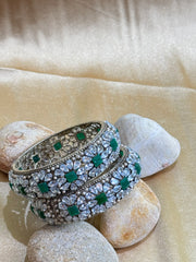 Emerald Green Stone Bangles with Floral Silver Detailing