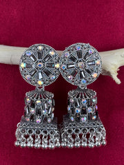 Round Silver Alloy Earrings with Stone Detailing