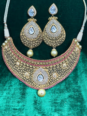 Gold Plated Choker Necklace Set with Pearls, Rubies & Hand Work