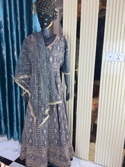 Ocean Wave Hand-Embroidered Skirt & Blouse Set with Dupatta