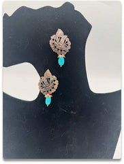 Intricately Carved Copper Floral Earrings with Turquoise and Coral Beads