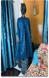 Deep Blue Four-Piece Ensemble with Embroidered Net Jacket – Elegant Ocean-Inspired Set (Size 46)