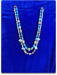 Dual-Strand Necklace with Blue Beads, Pearls, and Gold-Toned Accents