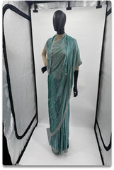 Elegant Turquoise Jinocho Jorjet Saree with Silver Handwork Border
