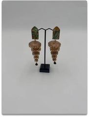 Ornate Golden Jhumka Earrings with Green & Brown Accents