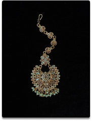 Gold-Plated Pearl & Stone Tikli – Timeless Floral Design
