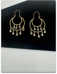 Handcrafted Gold Double Hoop Earrings with Real Stone Dangling Gems