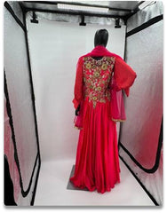 Vibrant Fuchsia Satin Gown with Gold Embroidery