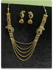 Elegant Gold-Plated Necklace Set with Blue Stones & Paisley Design