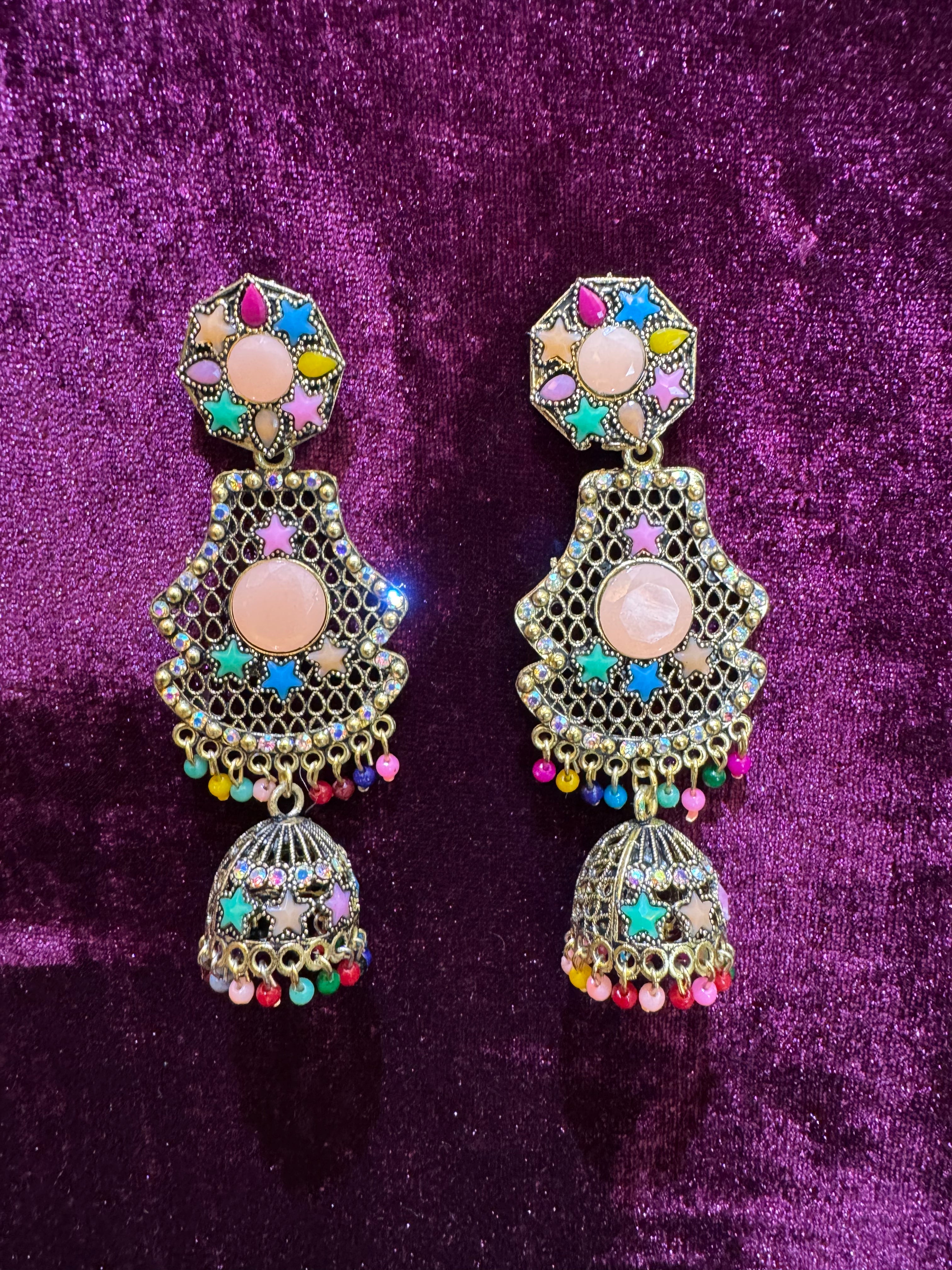 Colorful Stone Jhumka Earrings in Silver-Tone Finish