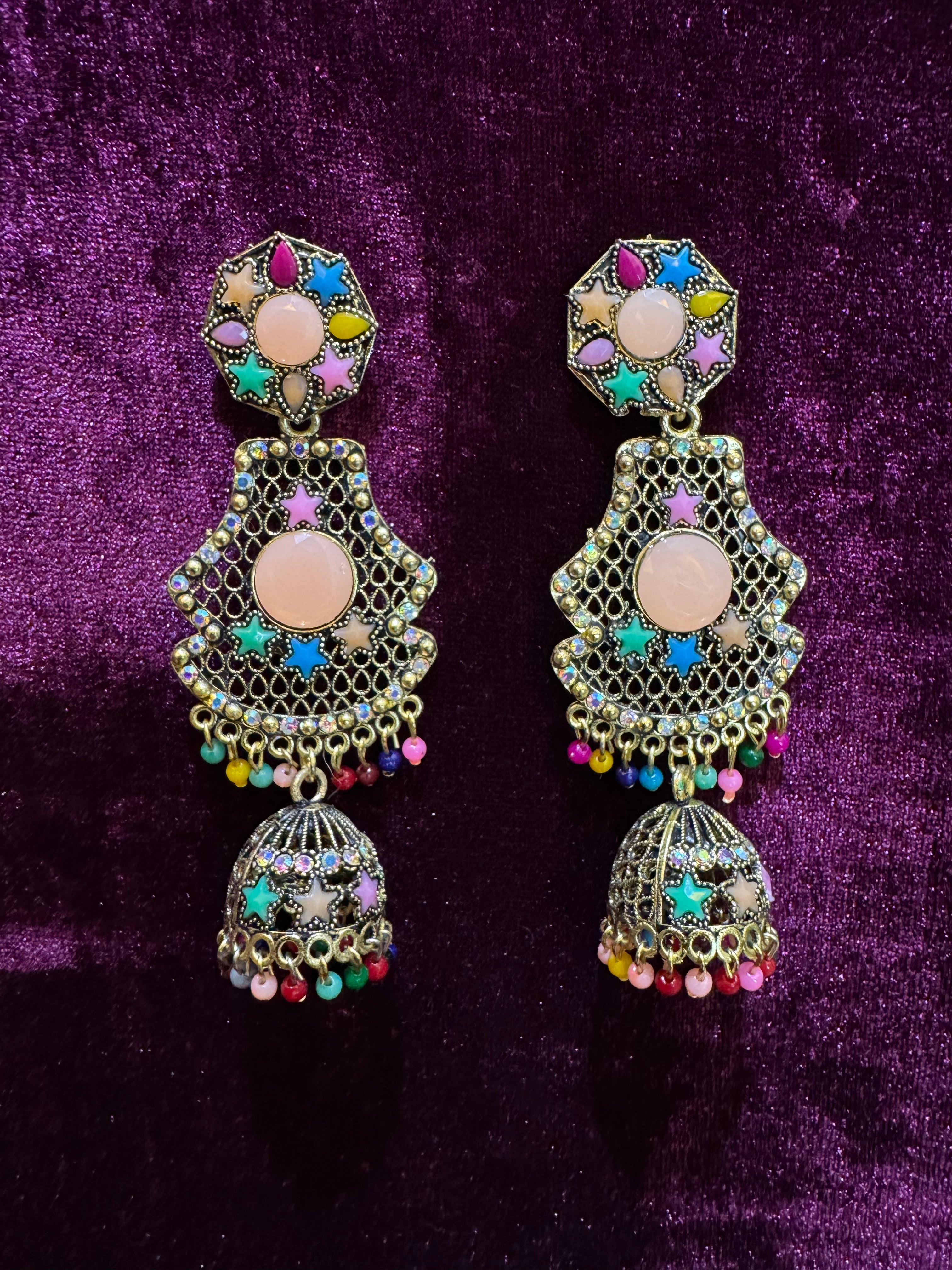 Colorful Stone Jhumka Earrings in Silver-Tone Finish