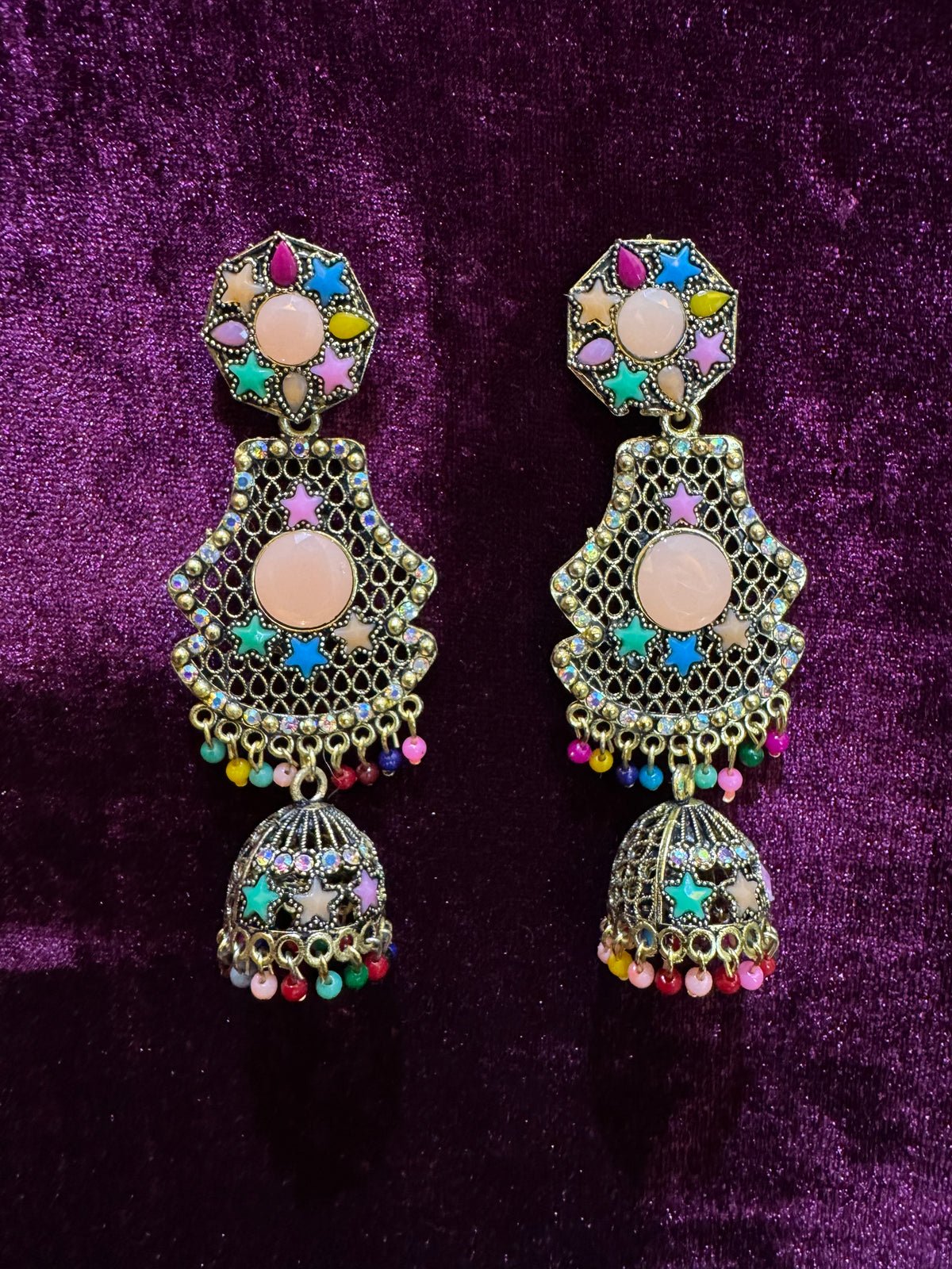 Colorful Stone Jhumka Earrings in Silver-Tone Finish