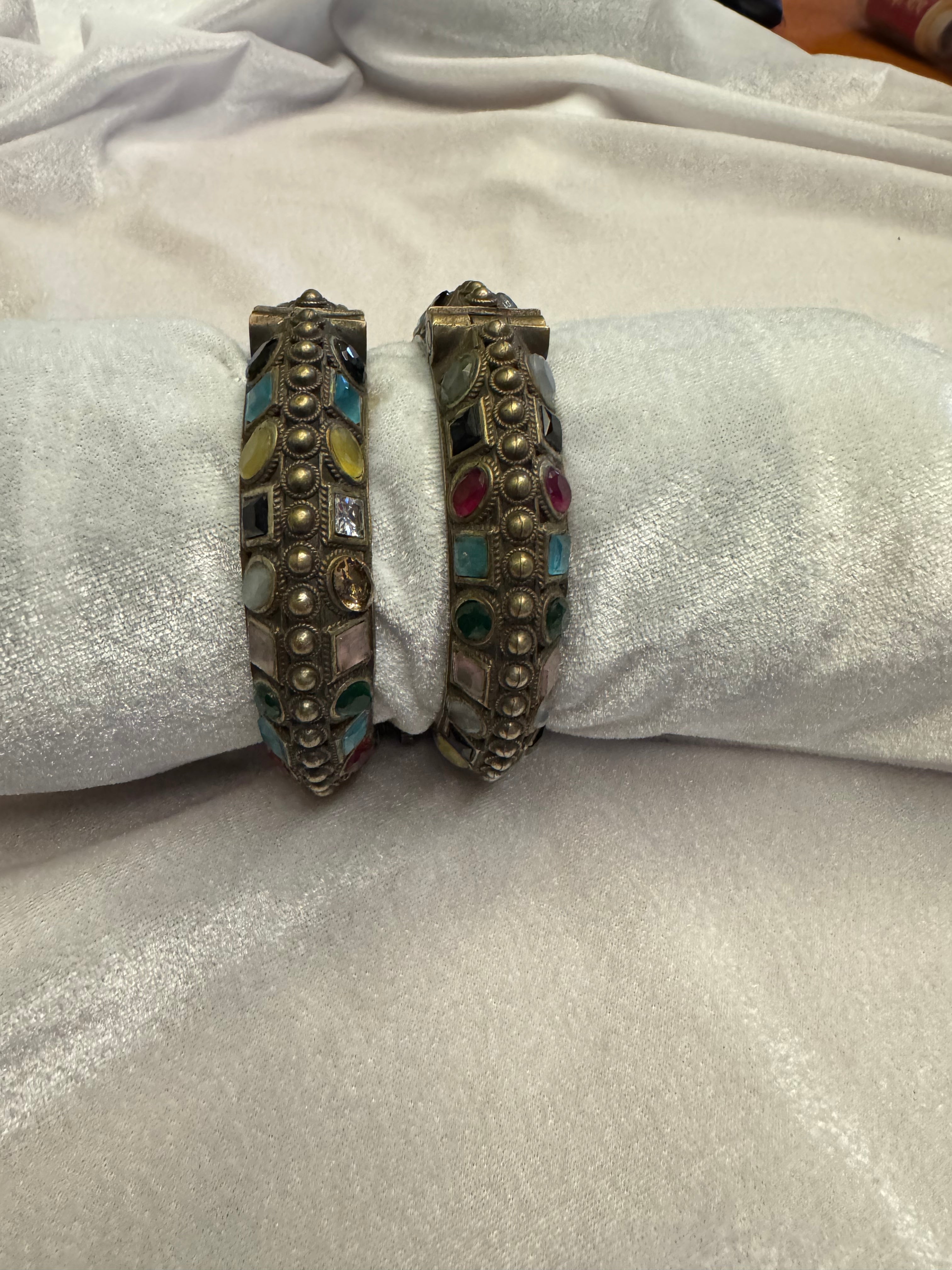 Antique Brass Screw Bangles with Real Stone Accents