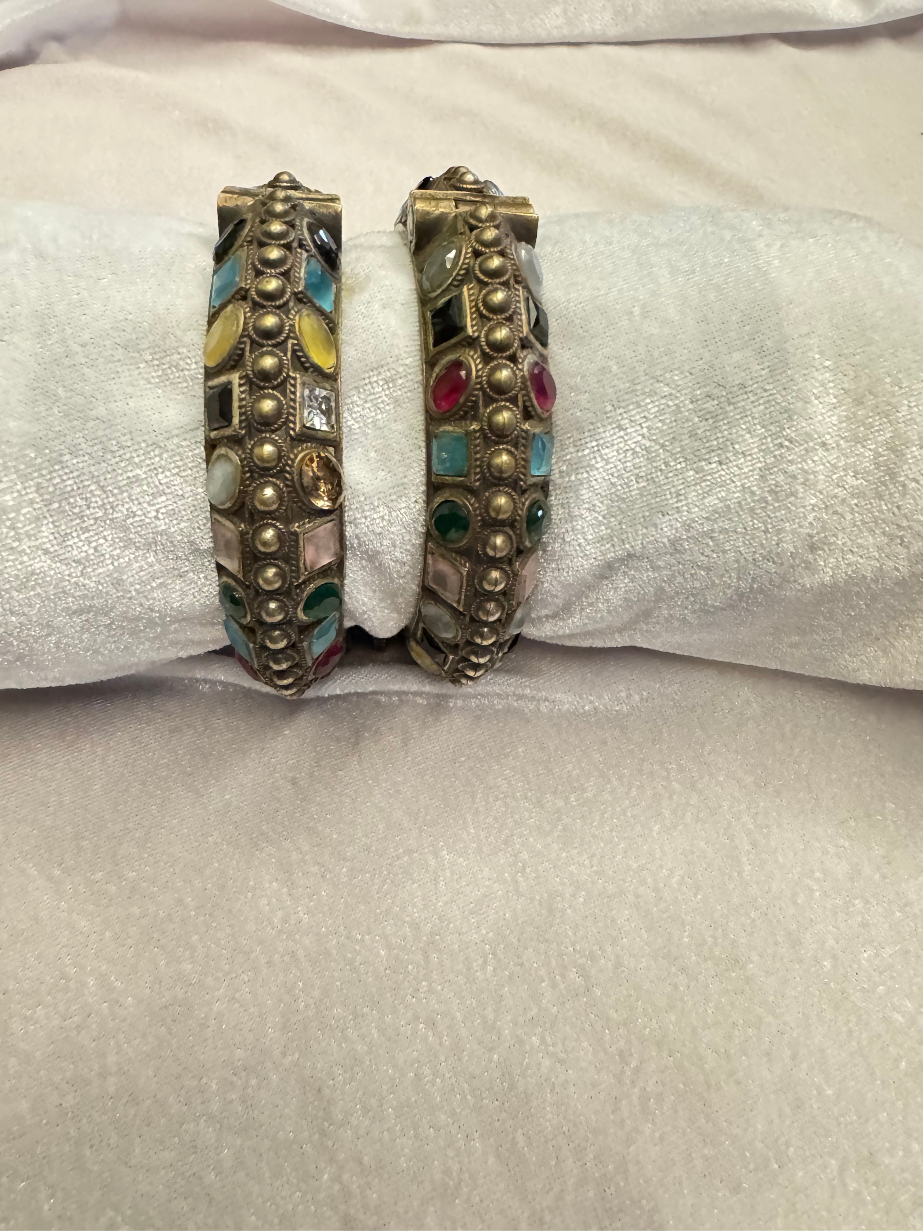 Antique Brass Screw Bangles with Real Stone Accents
