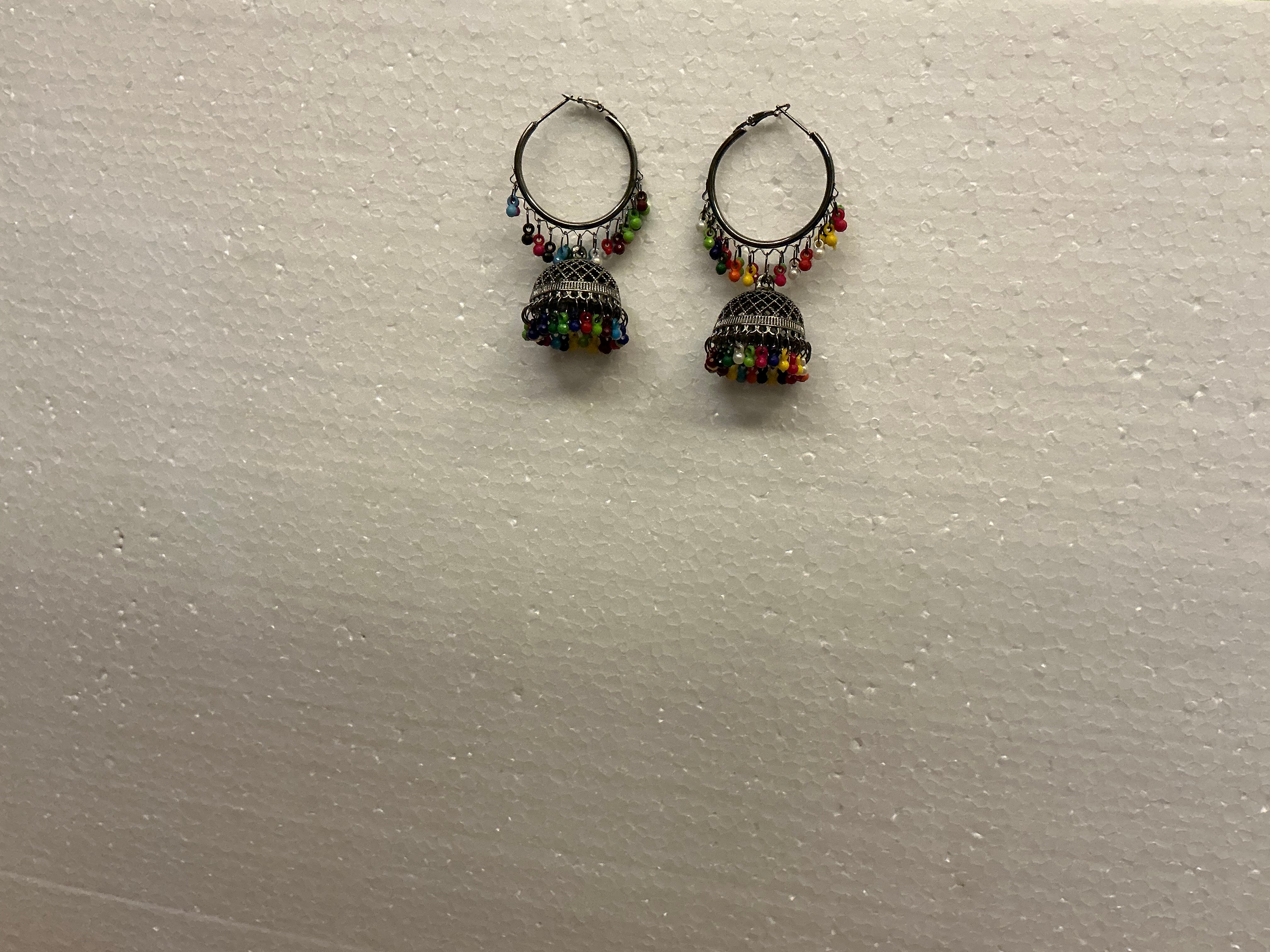 Colorful Traditional Jhumka Earrings – Oxidized Silver with Beadwork