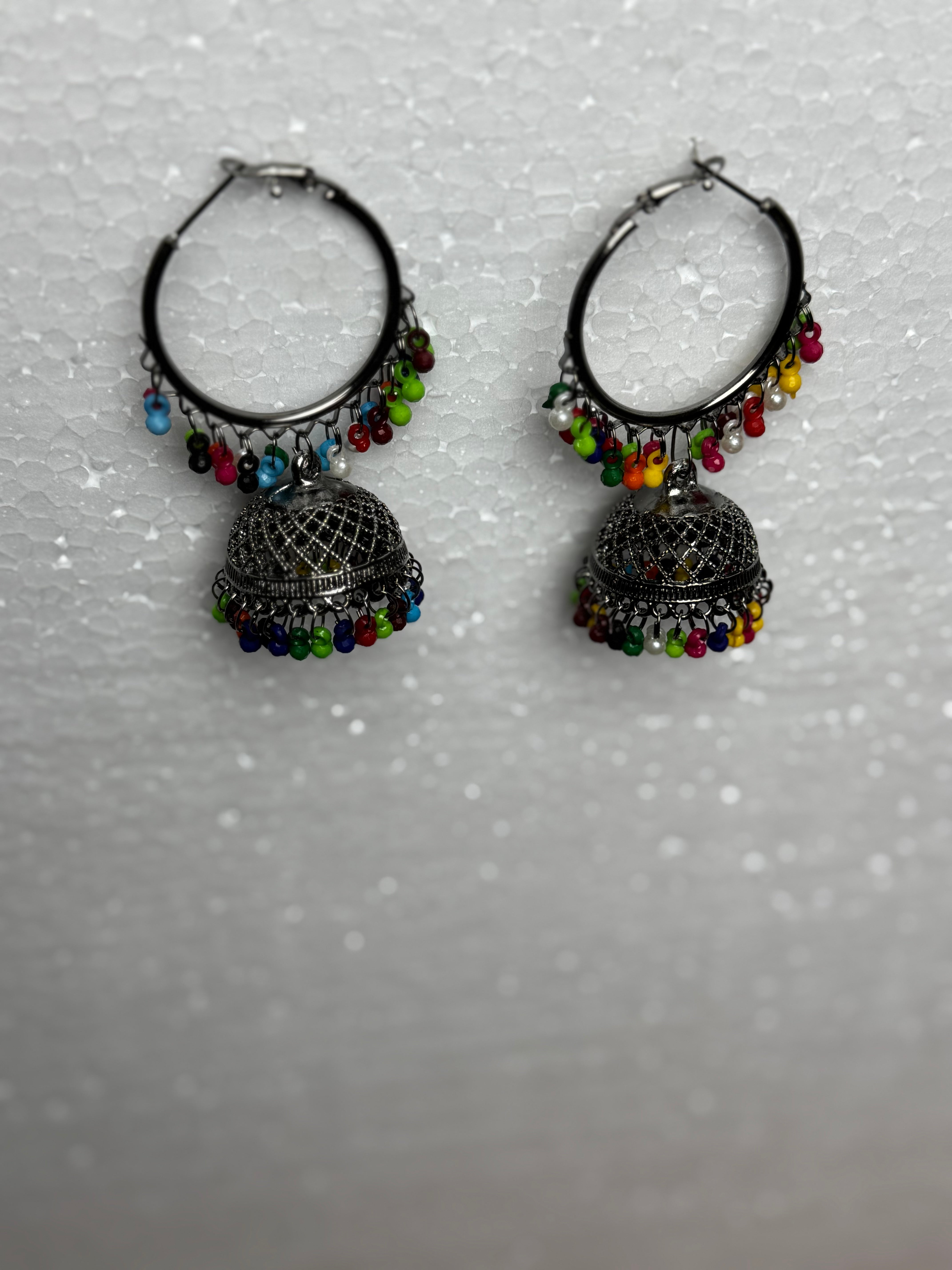 Colorful Traditional Jhumka Earrings – Oxidized Silver with Beadwork