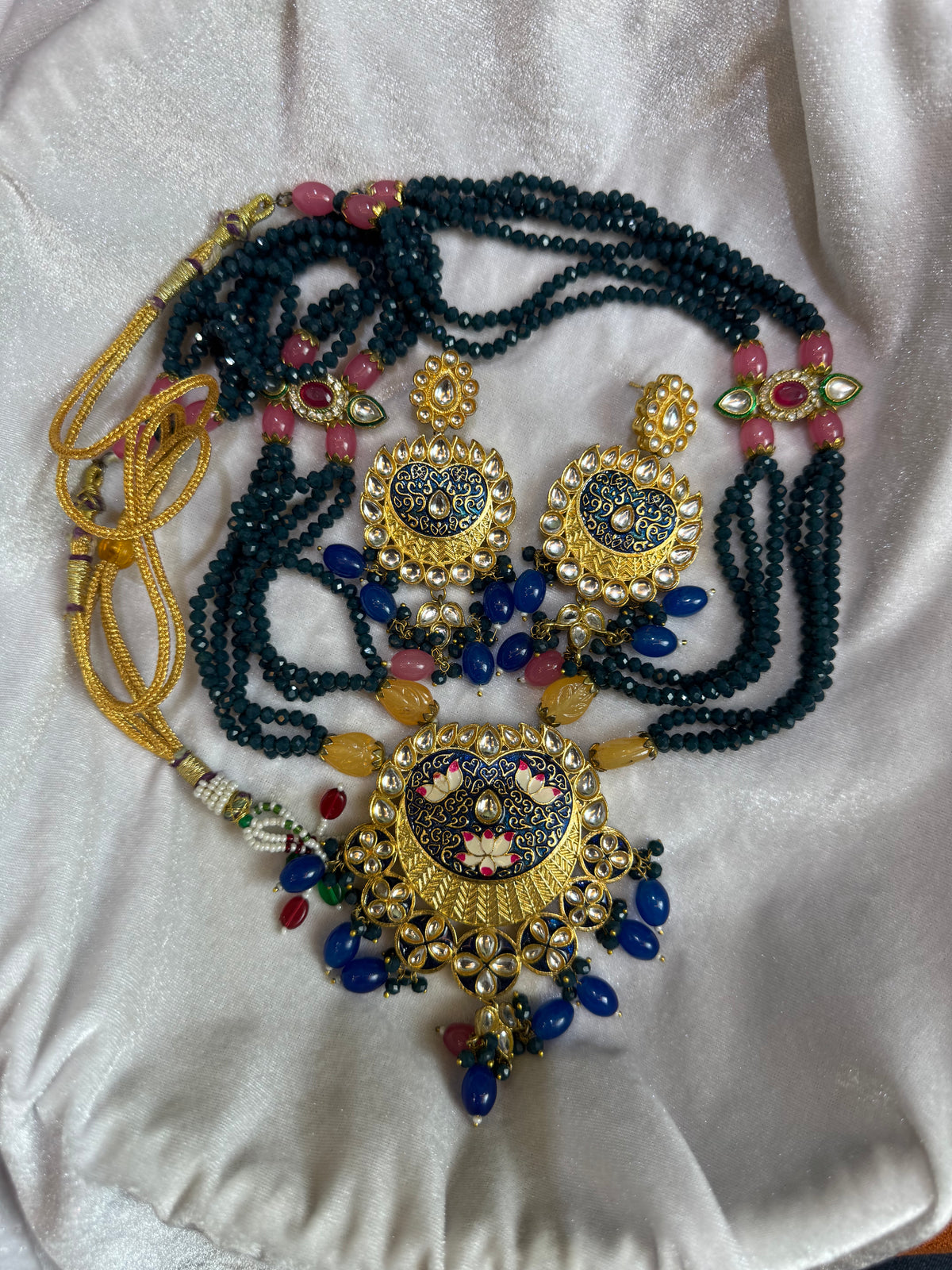 Gold Plated Necklace with Ruby, Sapphire, Moonstone & Enamel Work