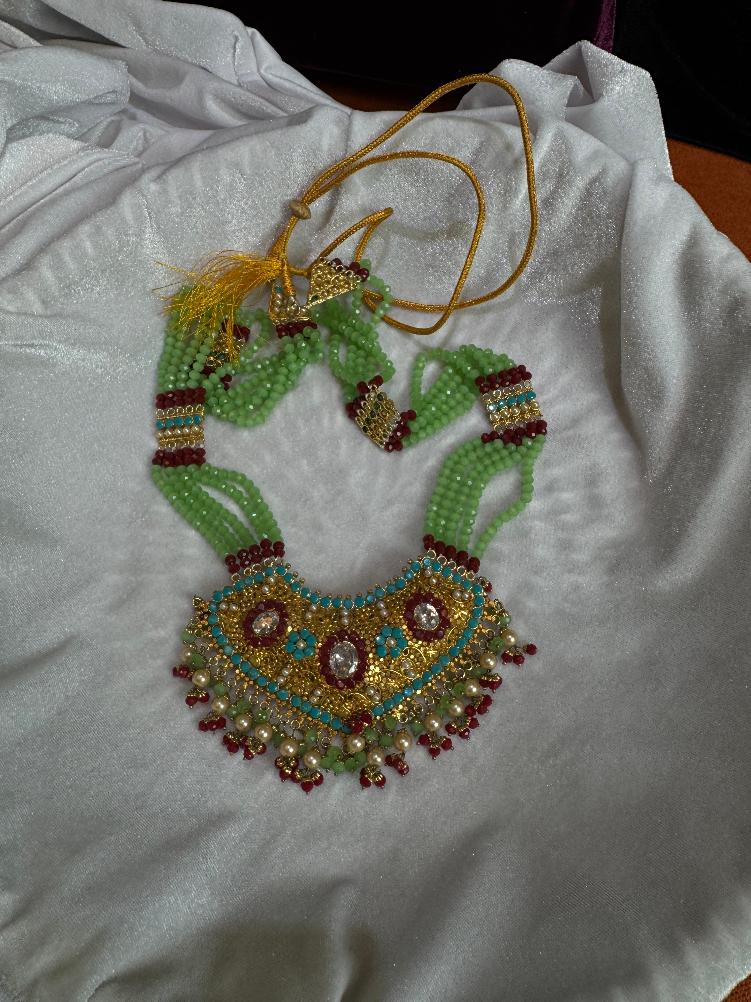 Gold Plated Necklace with Emerald Beads, Rubies & Pearls