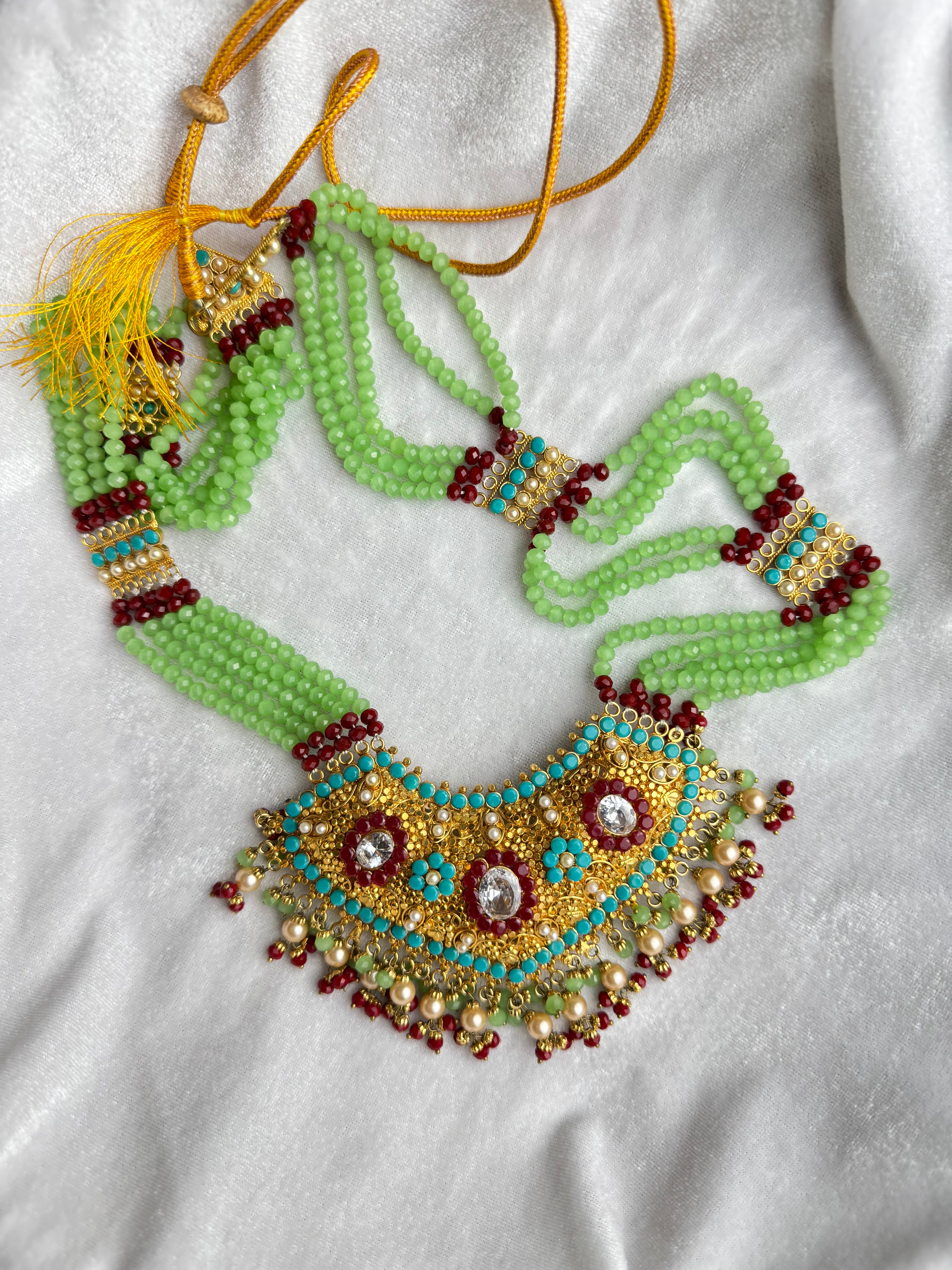 Gold Plated Necklace with Emerald Beads, Rubies & Pearls