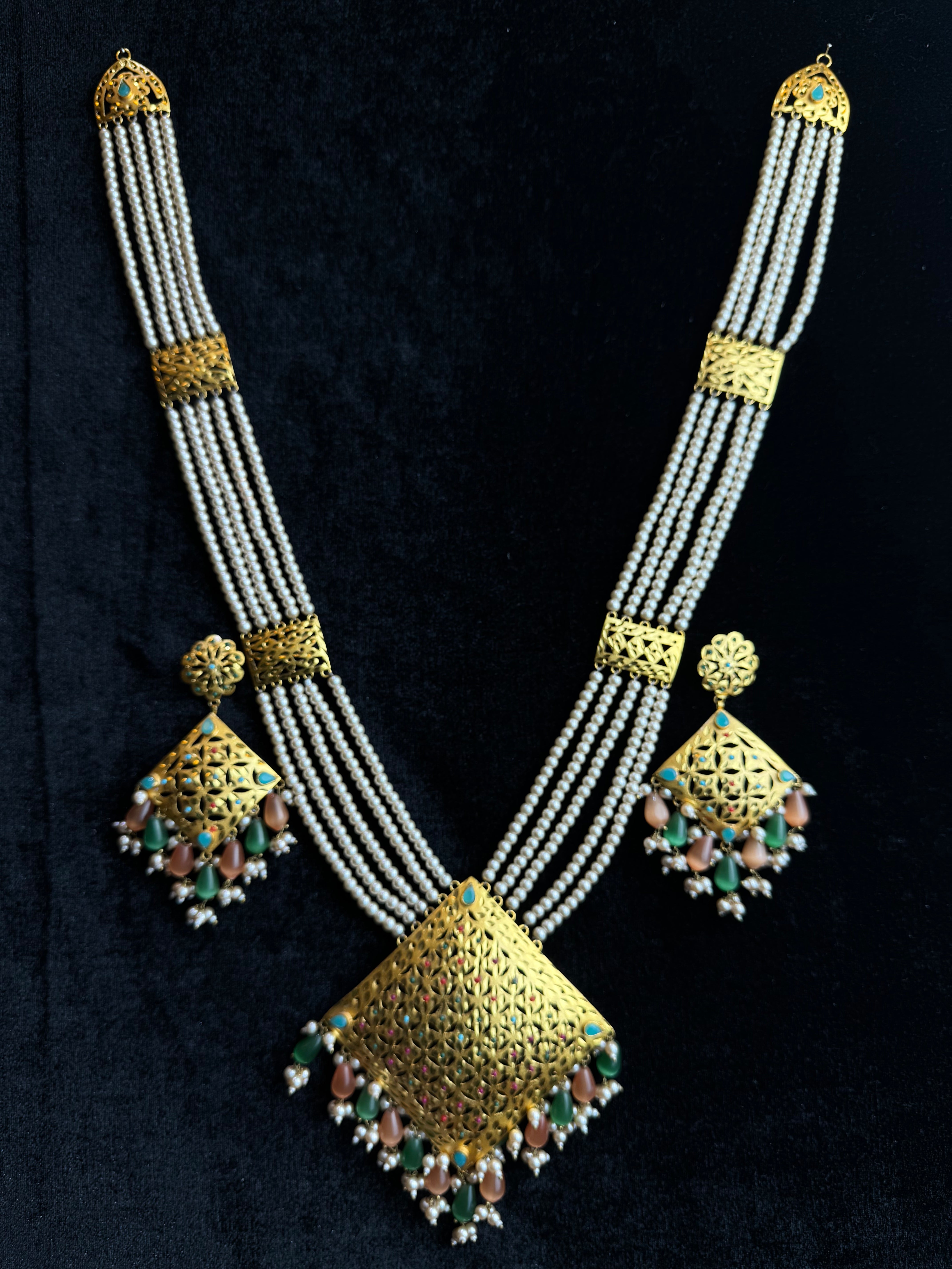 Gold Plated Long Necklace with Pearl Strings & Filigree Pendant
