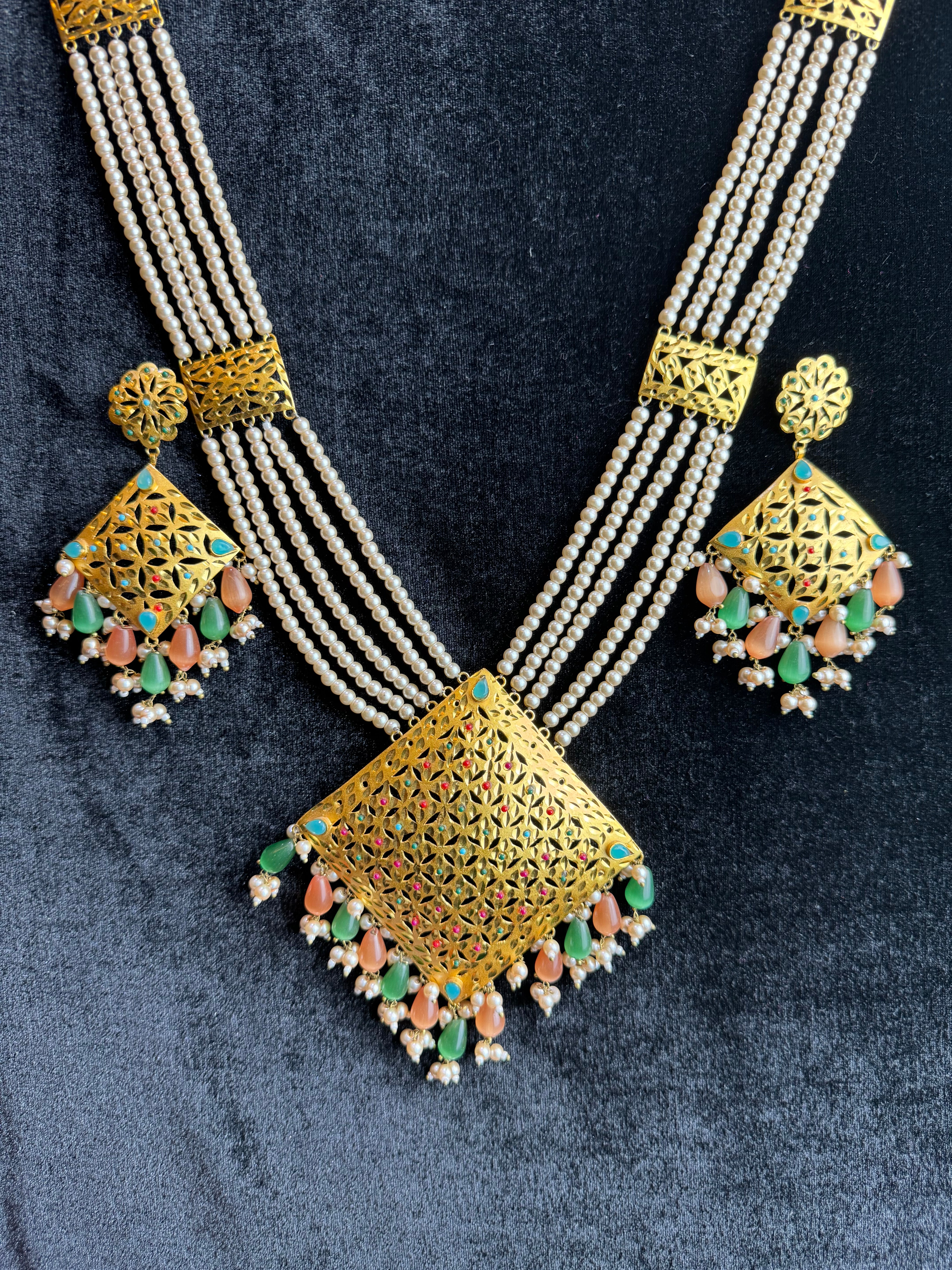 Gold Plated Long Necklace with Pearl Strings & Filigree Pendant