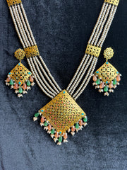 Gold Plated Long Necklace with Pearl Strings & Filigree Pendant