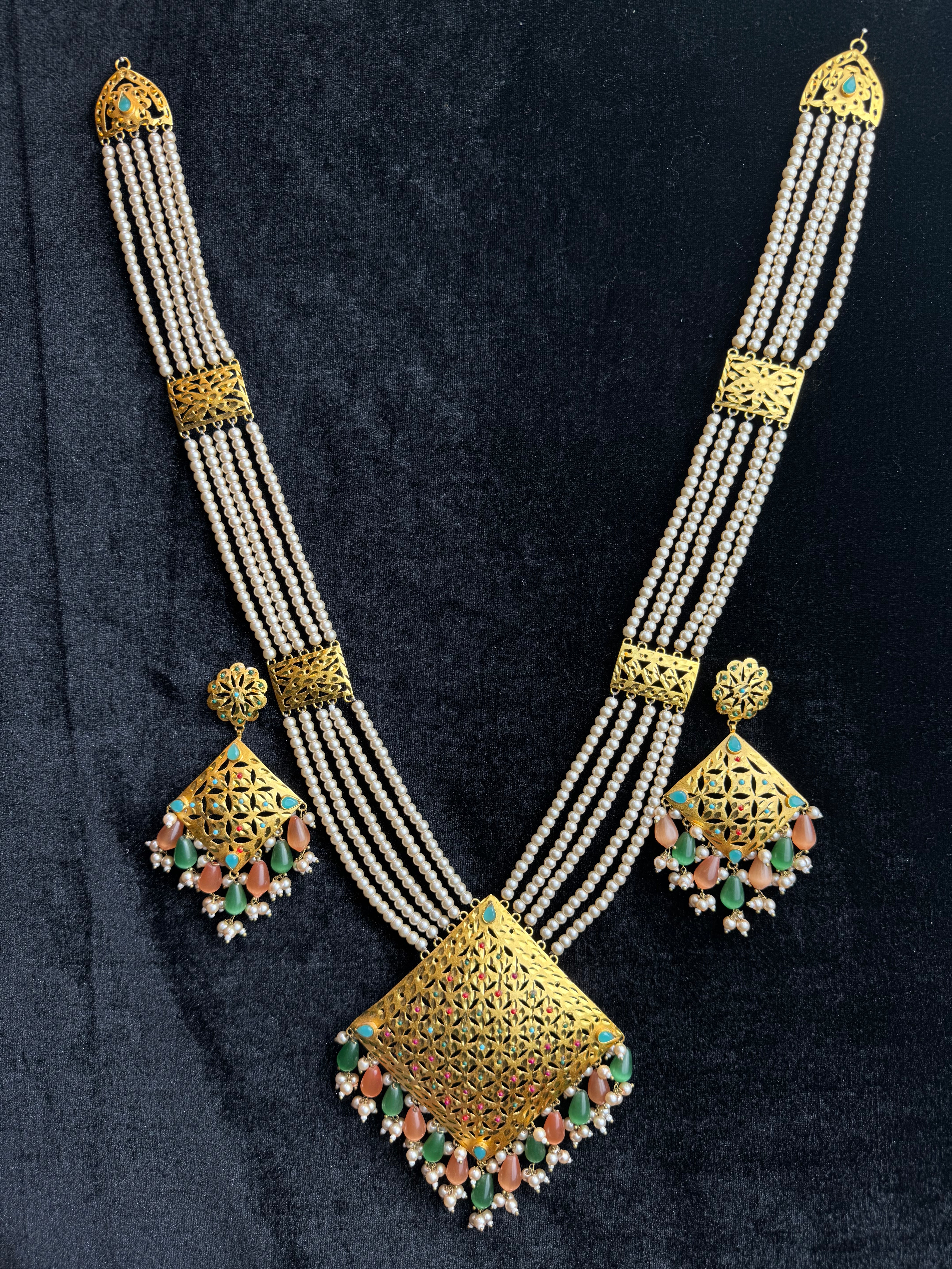 Gold Plated Long Necklace with Pearl Strings & Filigree Pendant