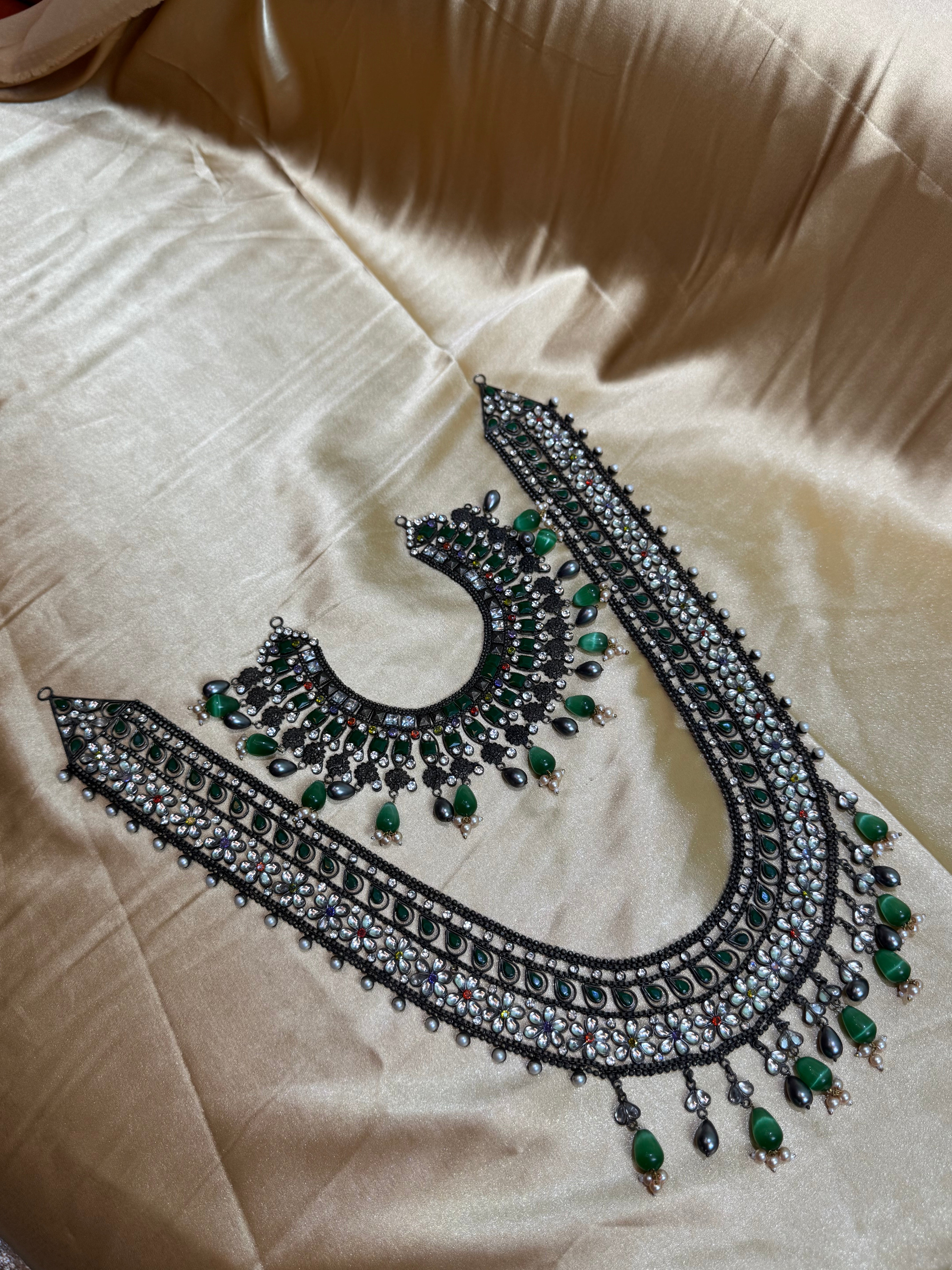Oxidized Necklace with Emerald Drop Stones & Beaded Detailing