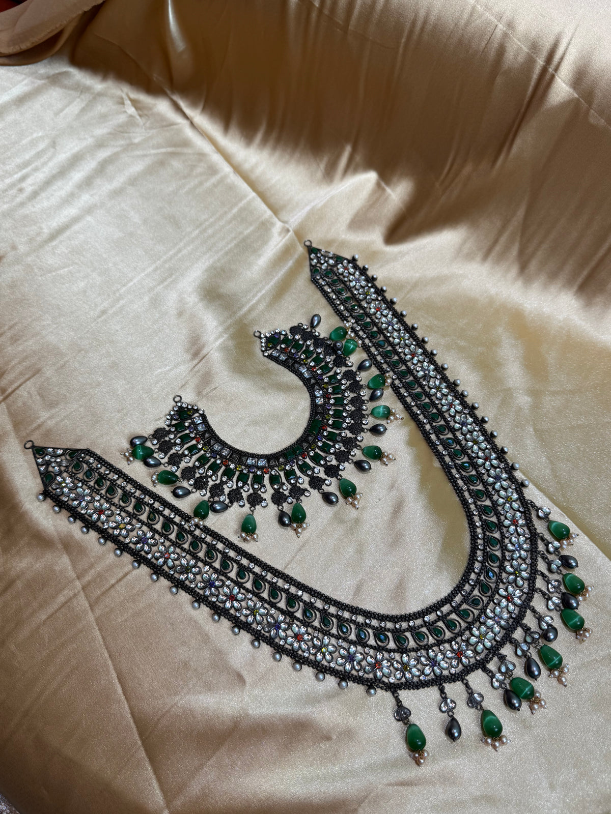 Oxidized Necklace with Emerald Drop Stones & Beaded Detailing