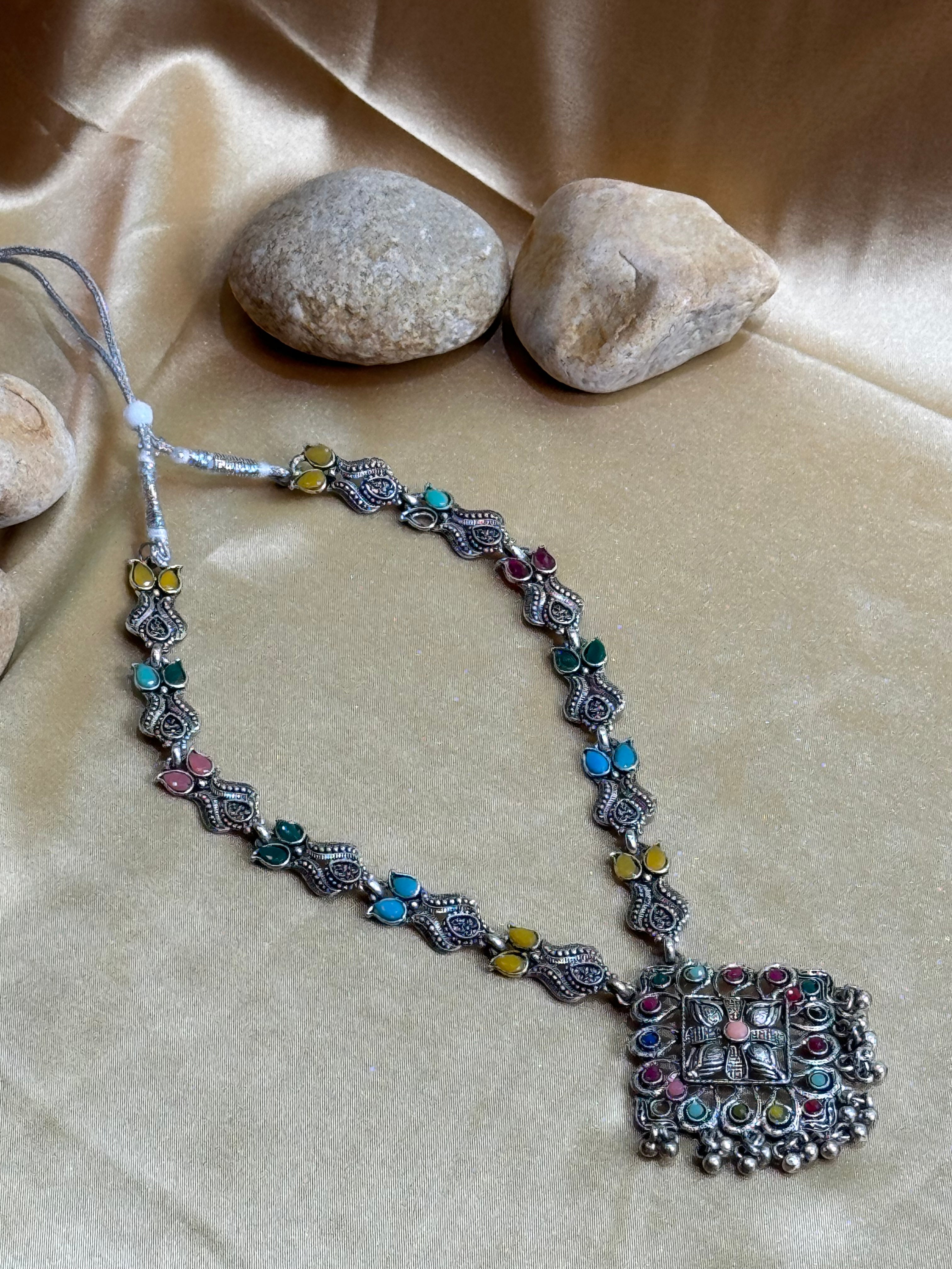 Handcrafted Silver Necklace with Multicolored Crystal Stones & Pendant
