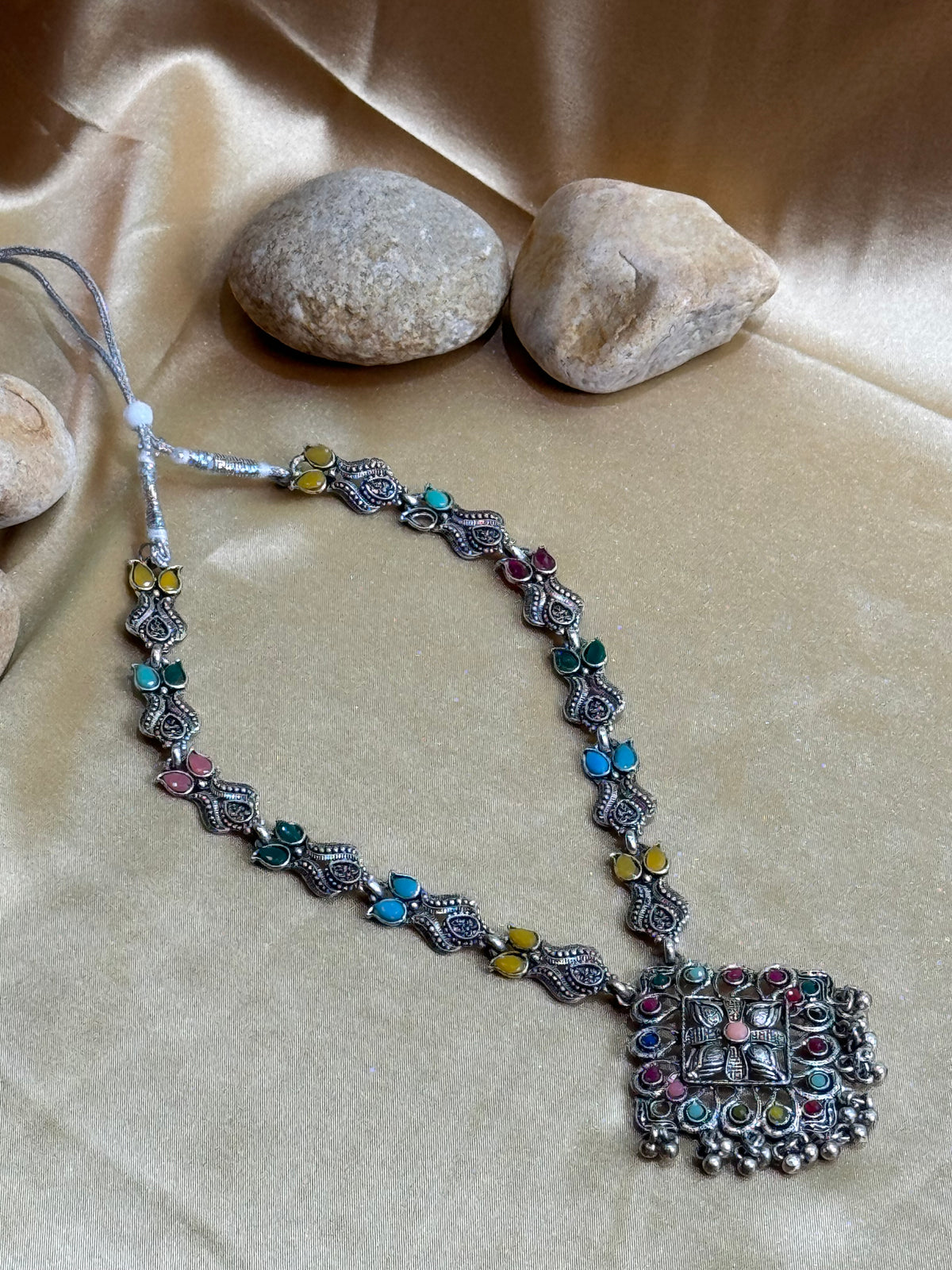 Handcrafted Silver Necklace with Multicolored Crystal Stones & Pendant