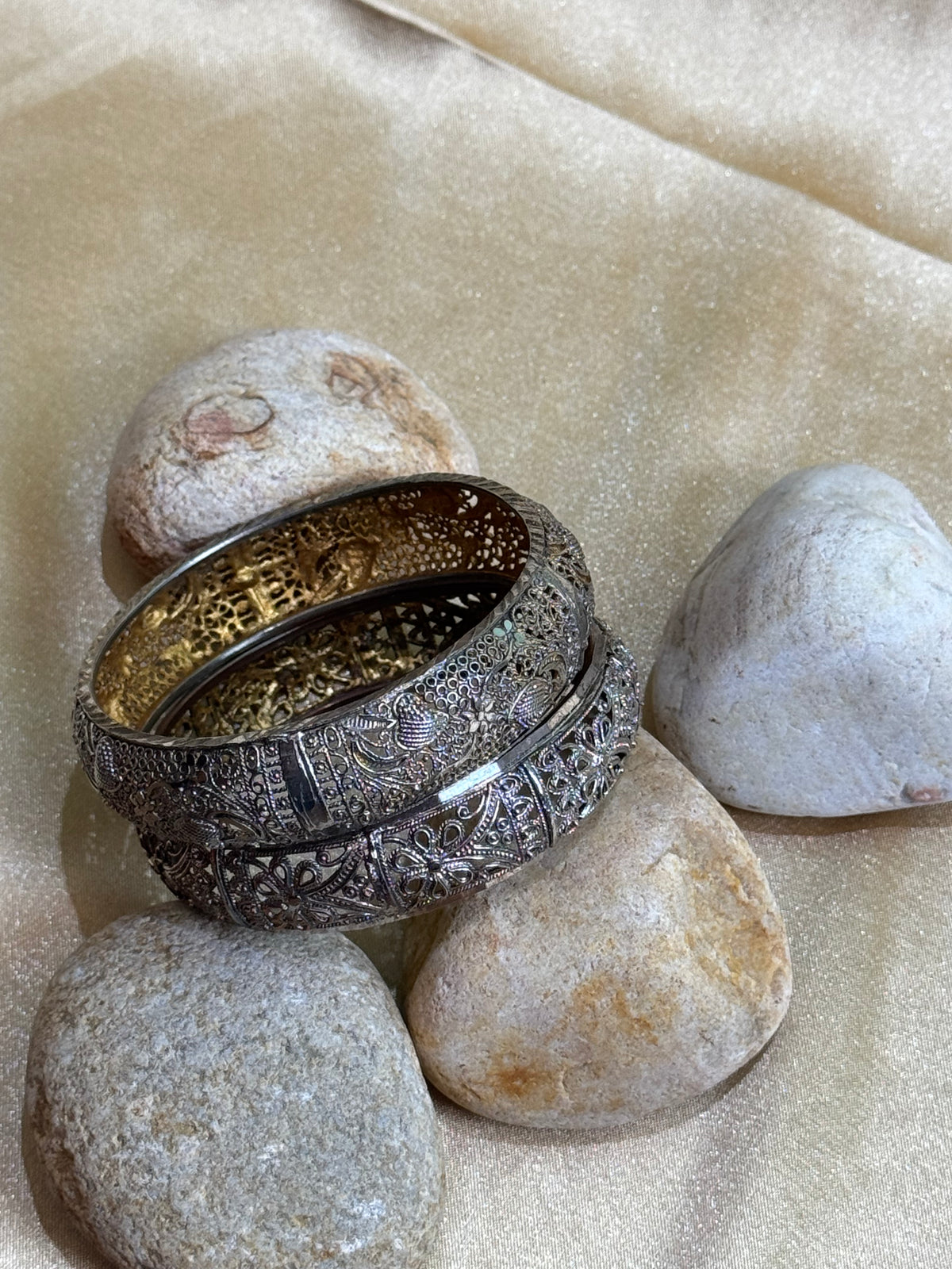 Intricately Designed Silver & Brass Bangles with Stone Detailing (Set of 2)
