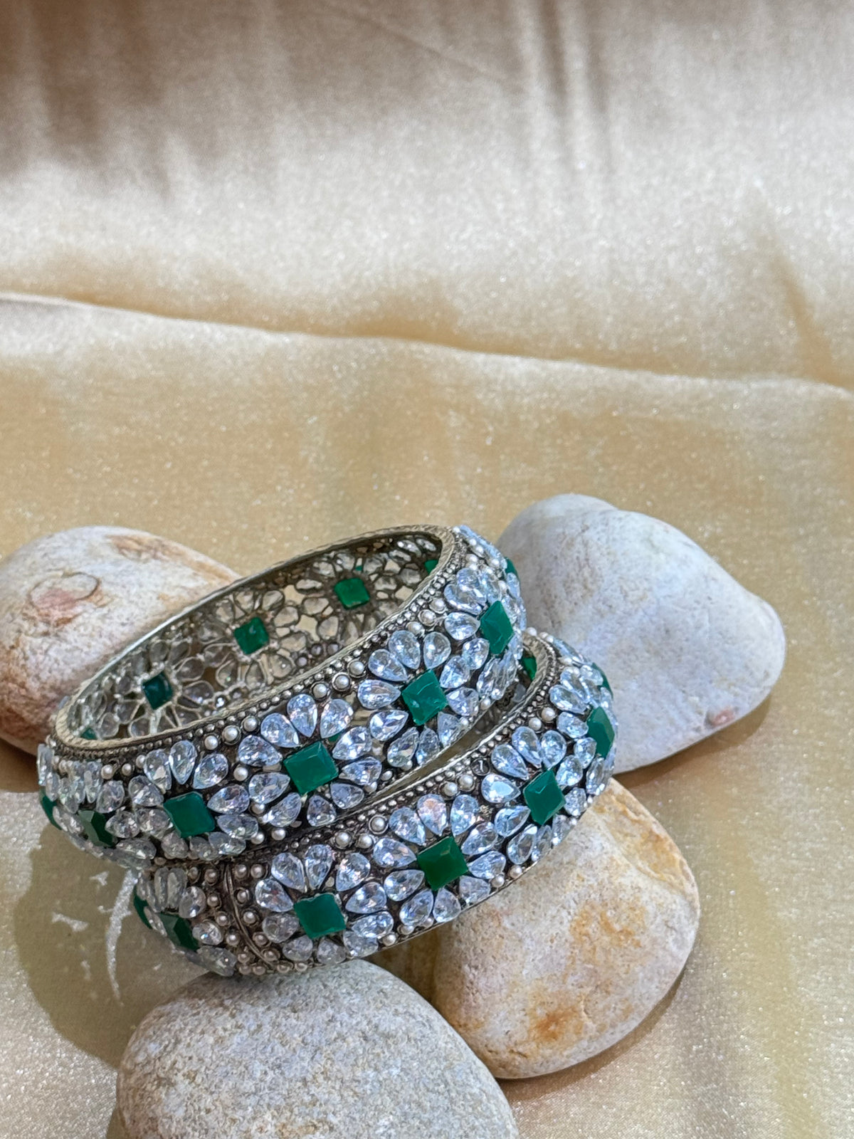 Emerald Green Stone Bangles with Floral Silver Detailing