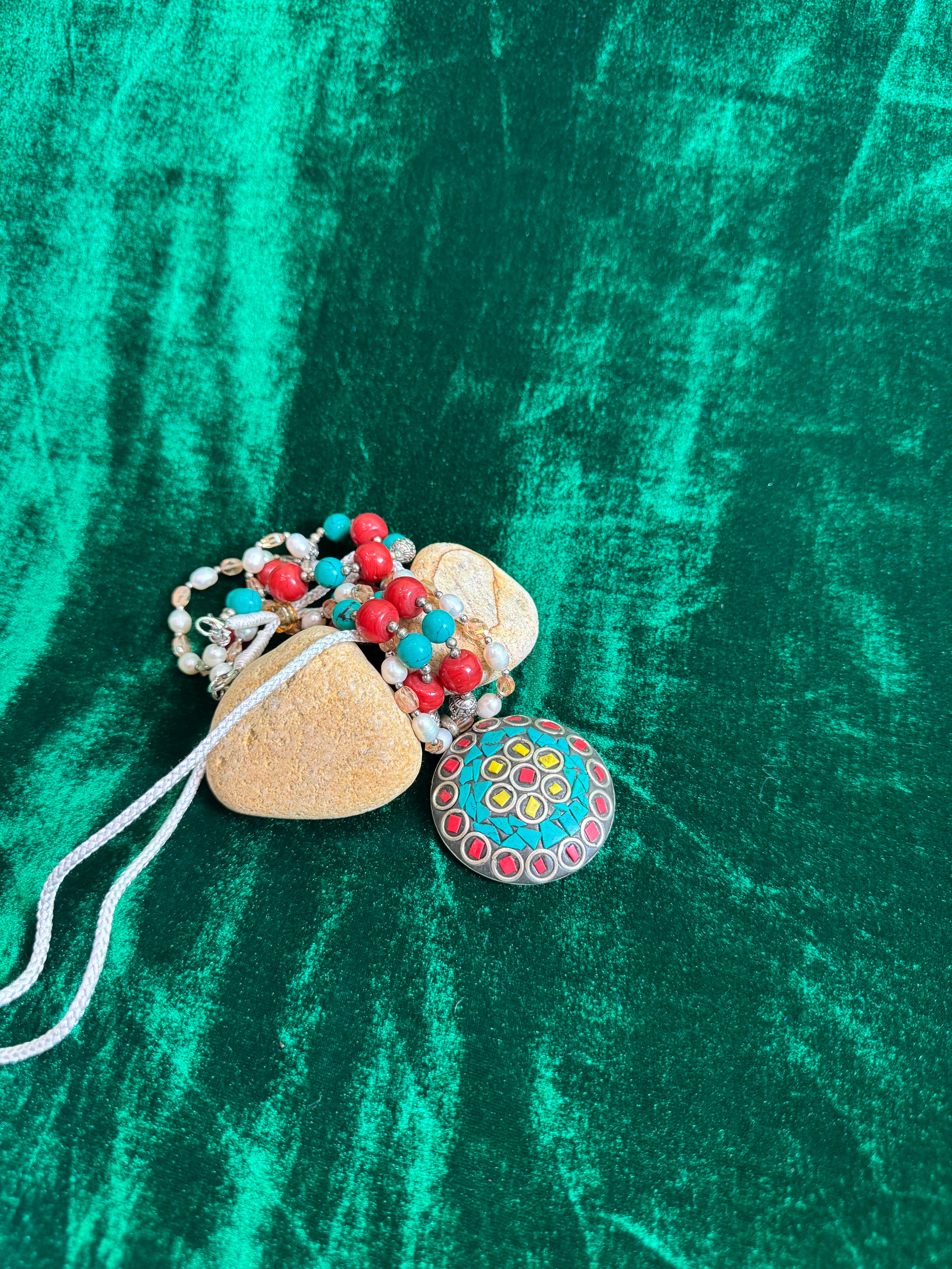 Handcrafted Silver Pendant Necklace with Red and Turquoise Beads