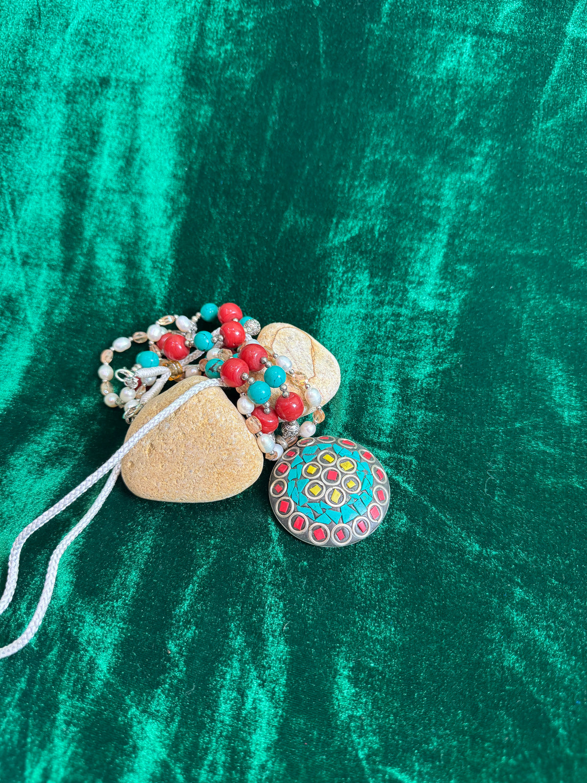 Handcrafted Silver Pendant Necklace with Red and Turquoise Beads