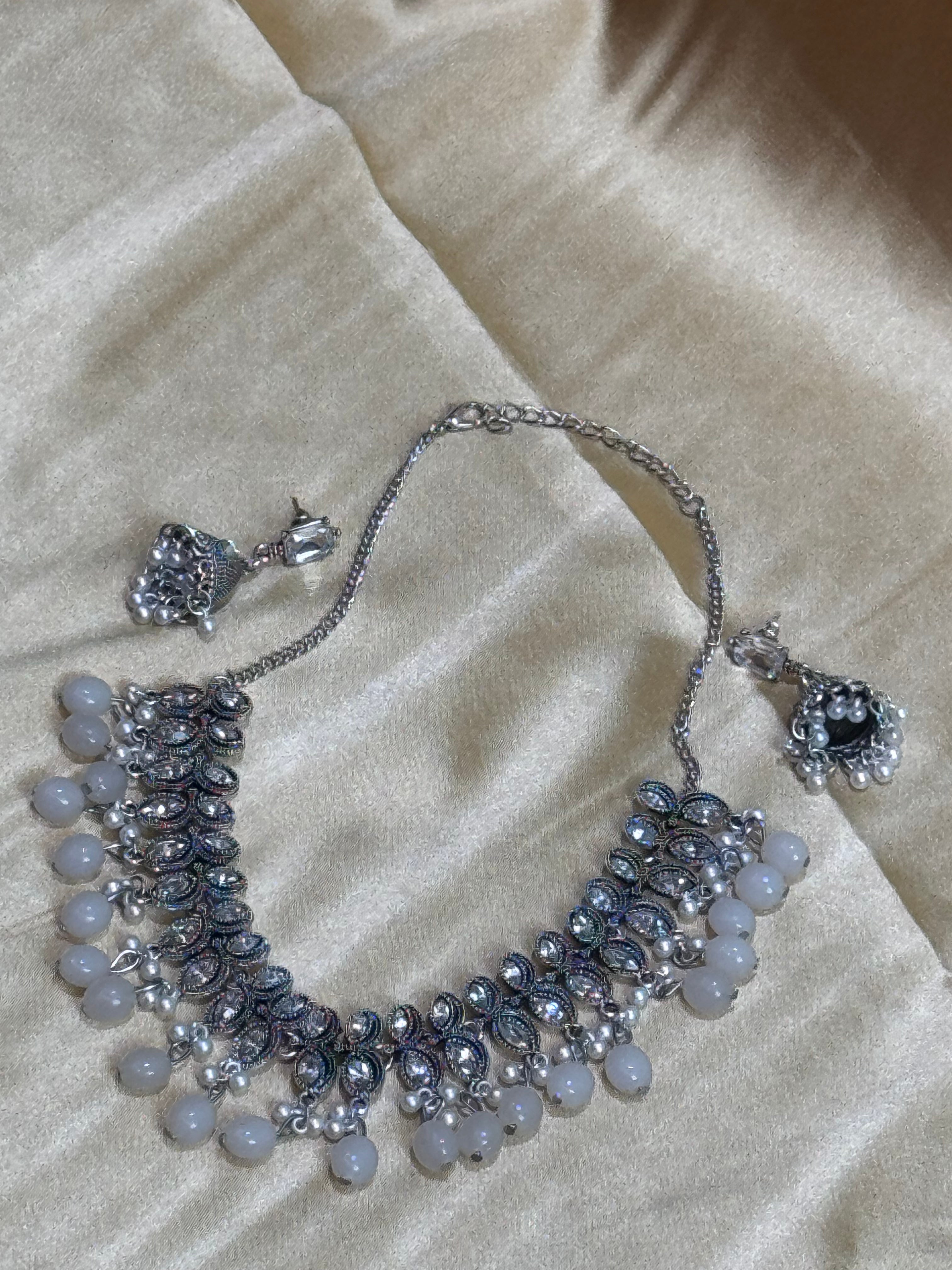German Silver Necklace with Pearls & Stone Work