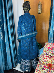 Deep Blue Four-Piece Ensemble with Embroidered Net Jacket – Elegant Ocean-Inspired Set (Size 46)