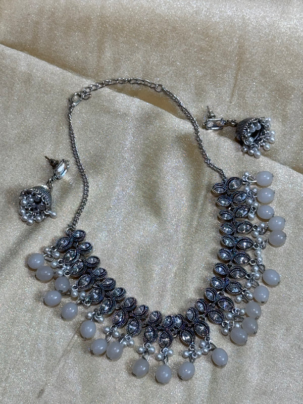 German Silver Necklace with Pearls & Stone Work