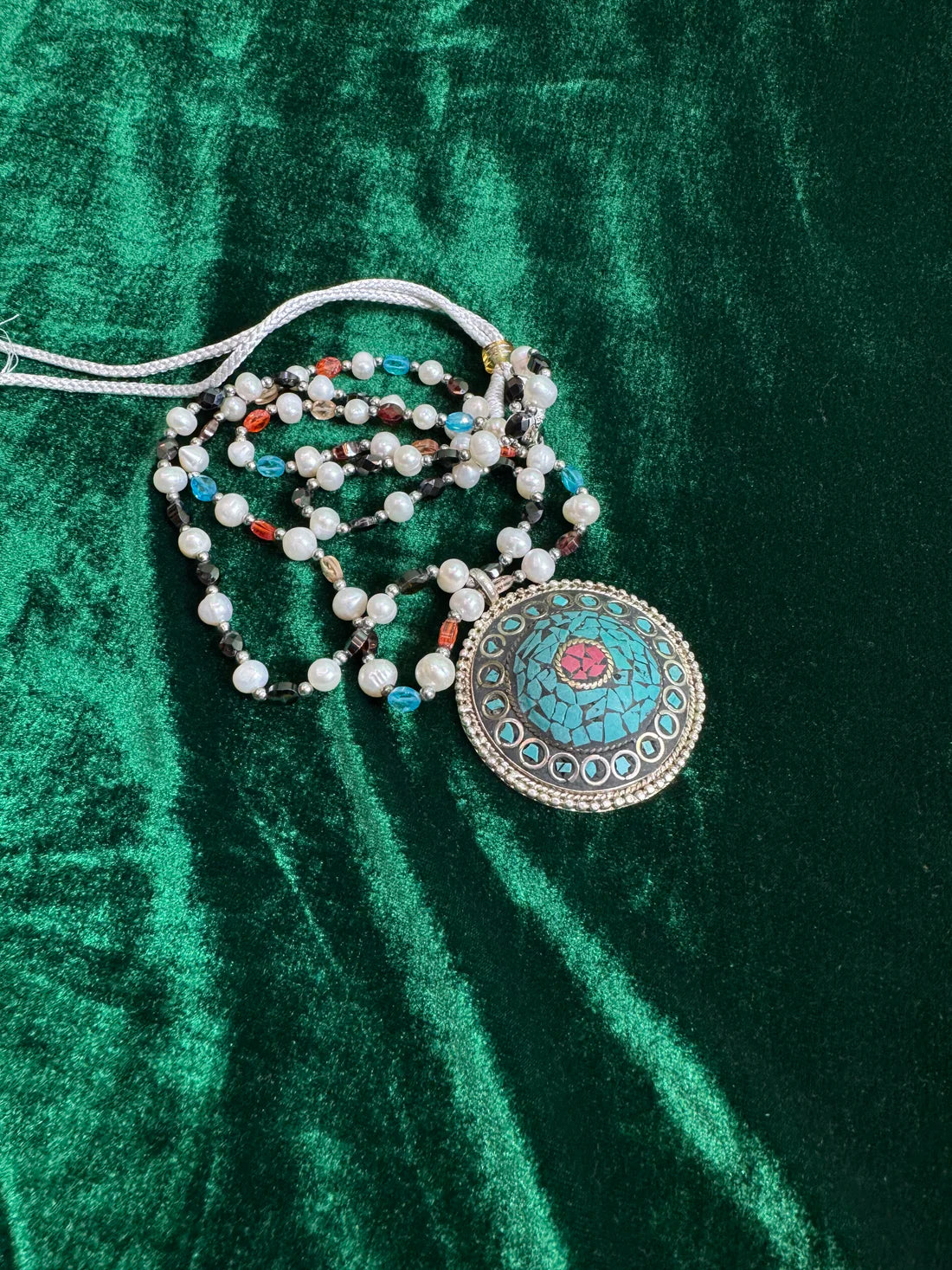 Silver Mosaic Handcrafted Necklace with Pearls