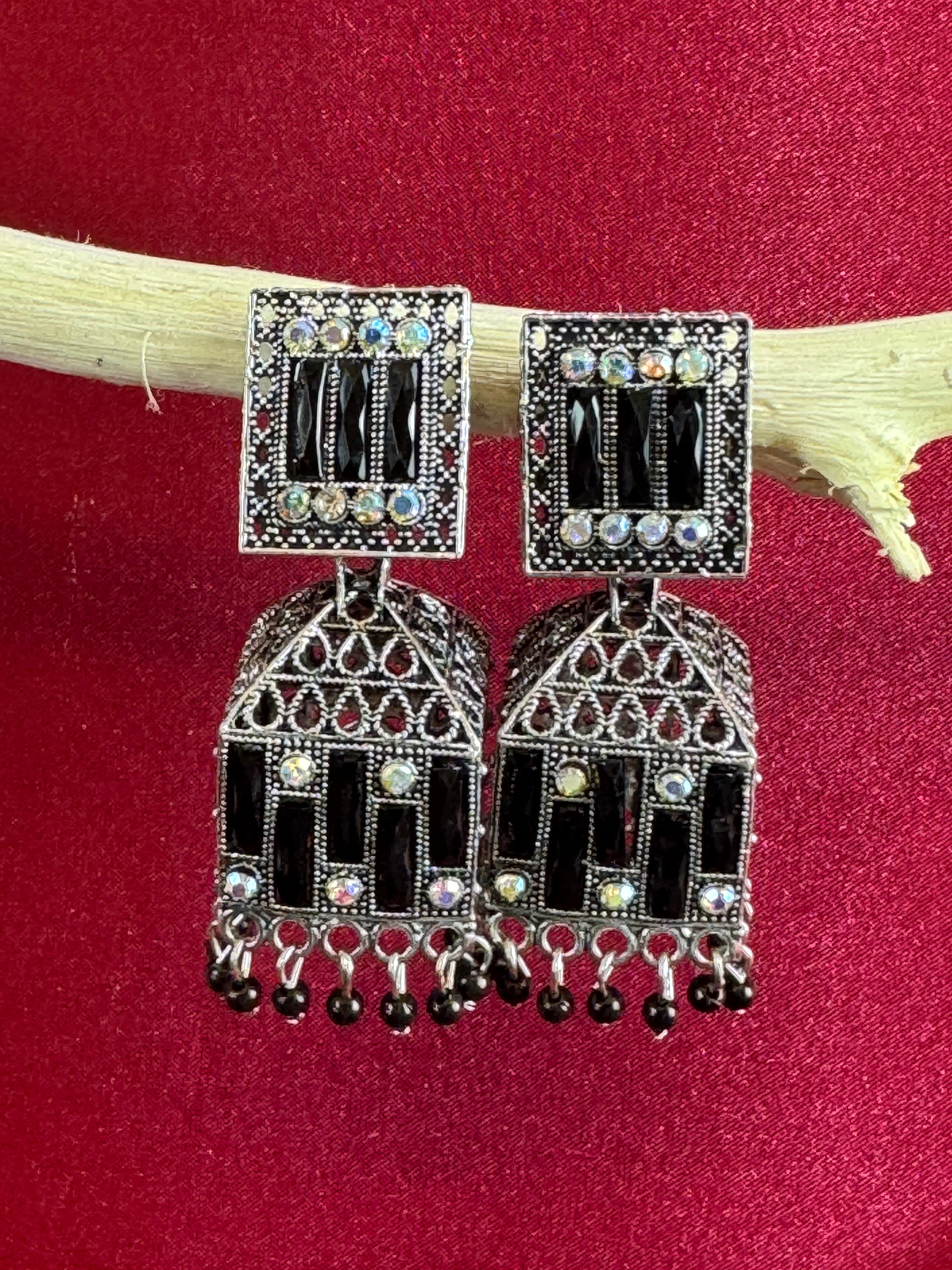 Silver-Toned Alloy Earrings with Black Stone Detailing