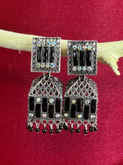 Silver-Toned Alloy Earrings with Black Stone Detailing