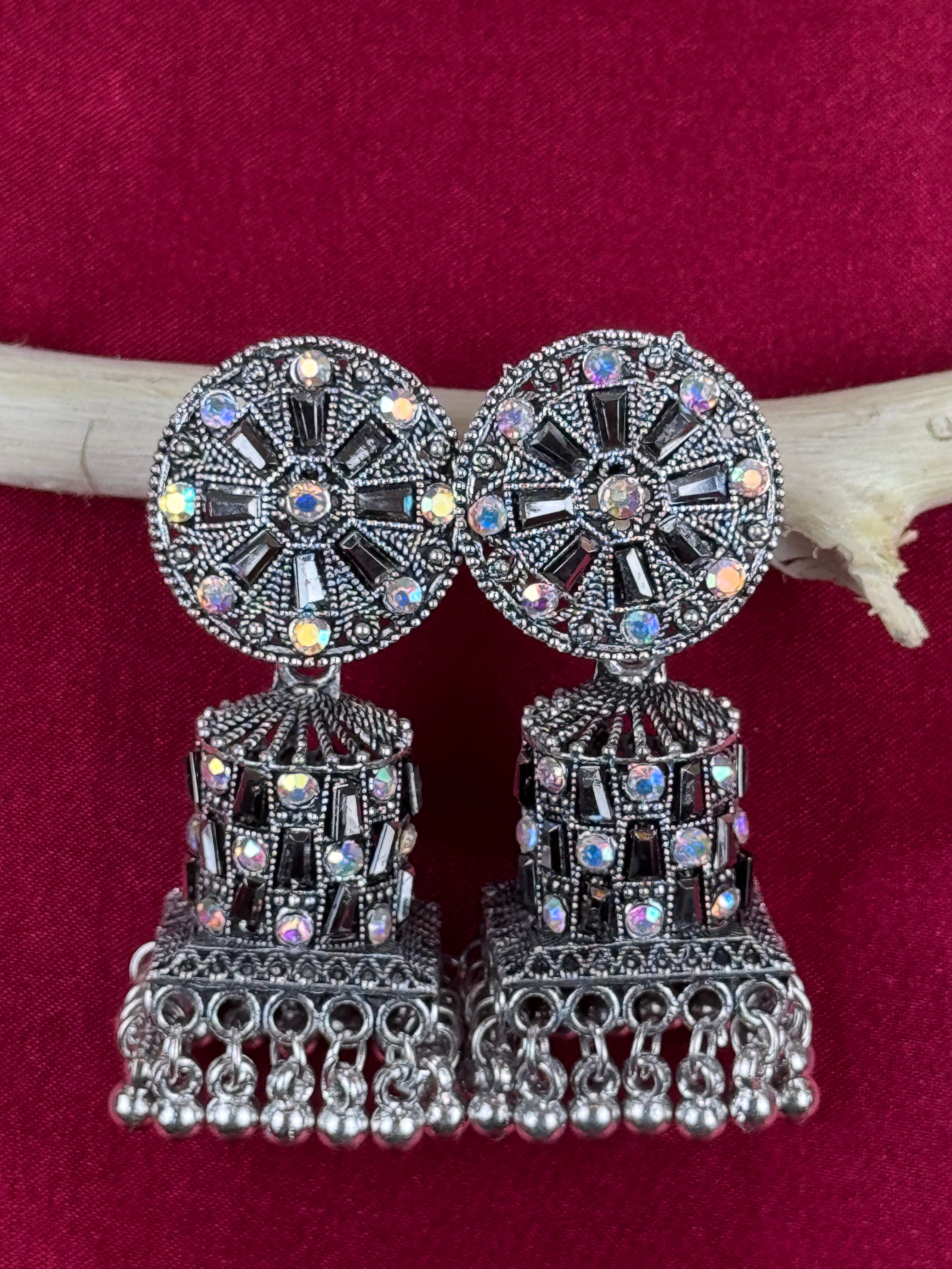 Round Silver Alloy Earrings with Stone Detailing