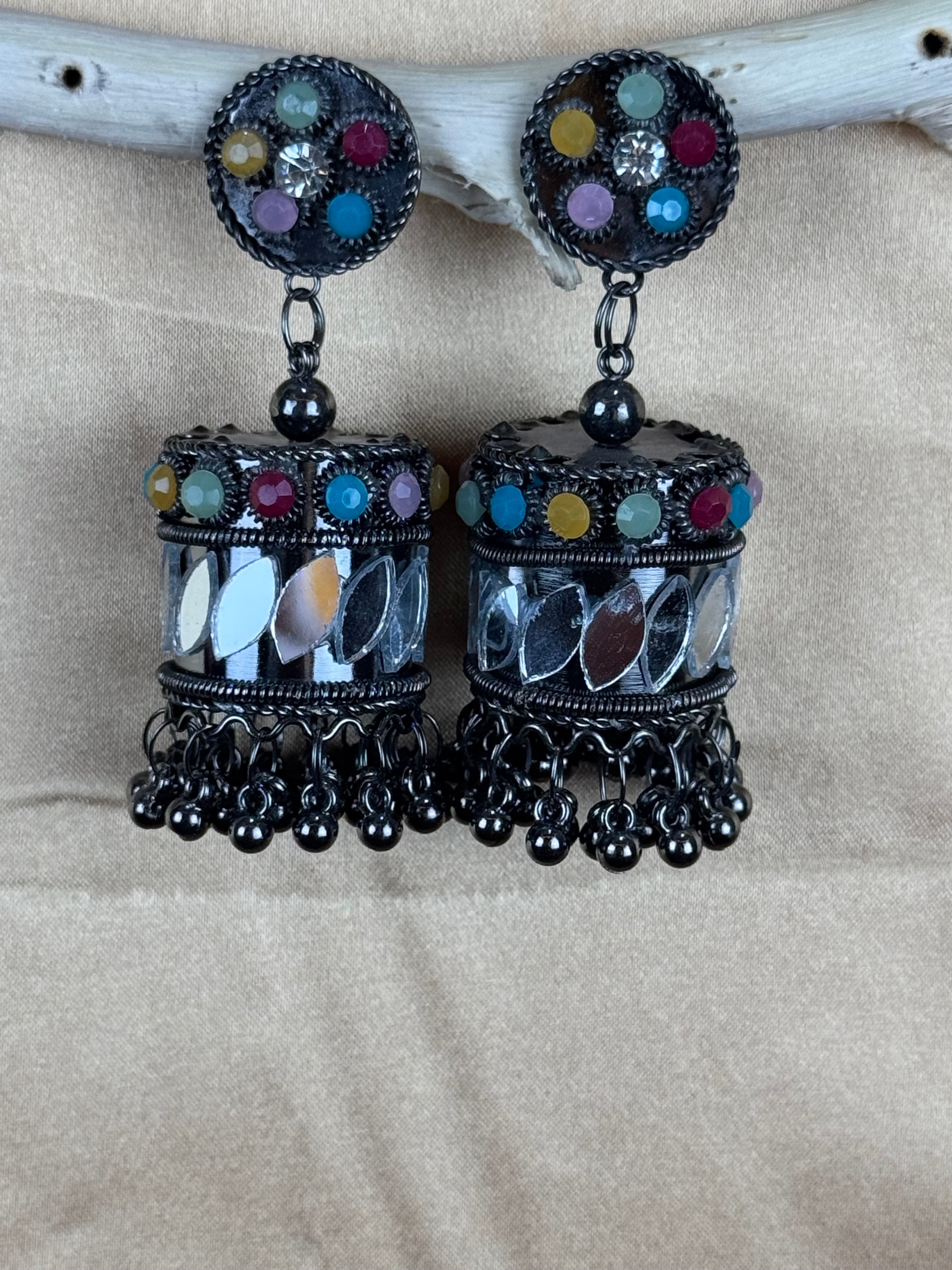 Colorful Oxidized Stone Earrings with Beads & Dangling Design