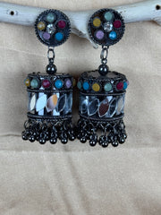 Colorful Oxidized Stone Earrings with Beads & Dangling Design