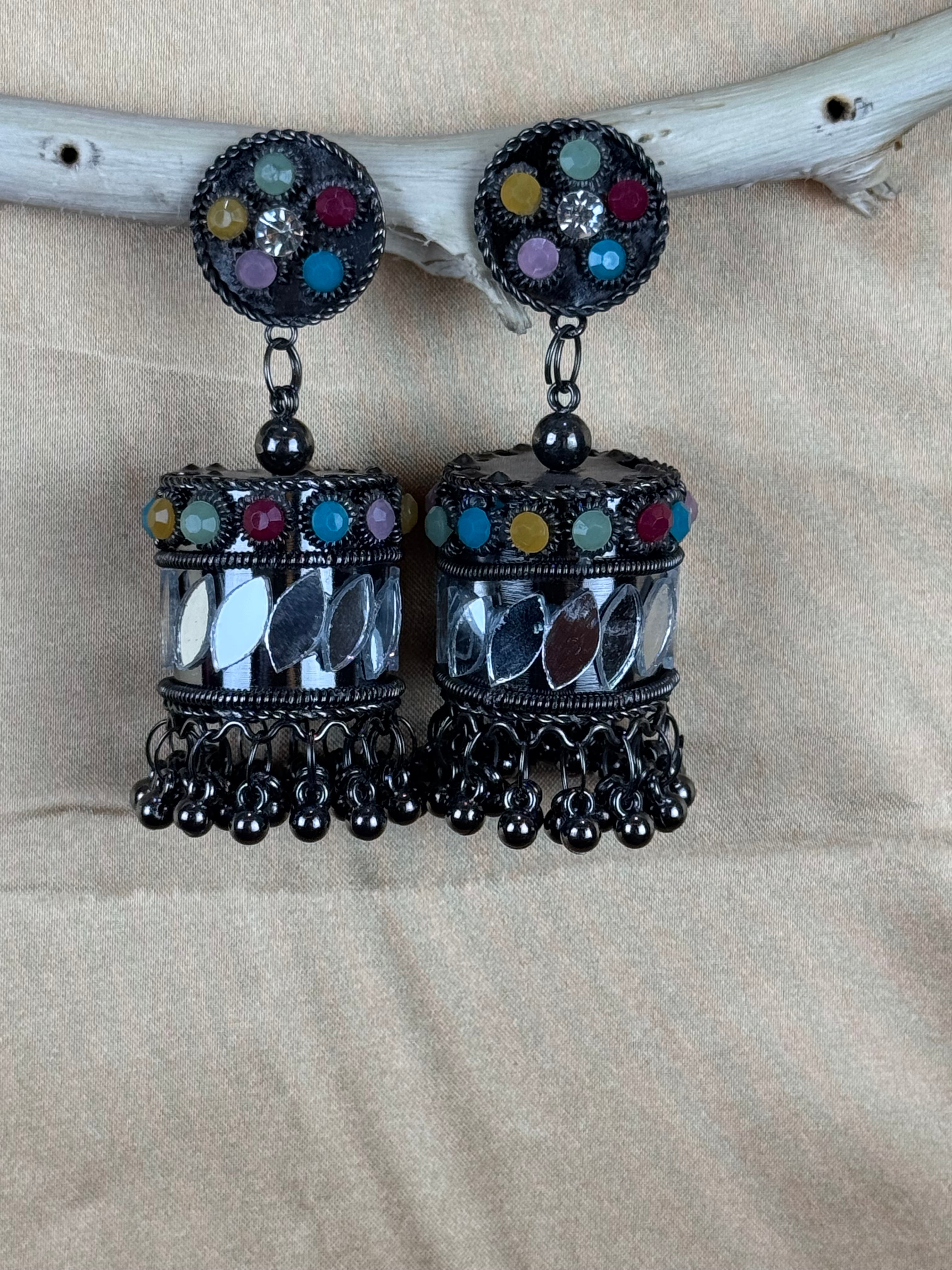 Colorful Oxidized Stone Earrings with Beads & Dangling Design